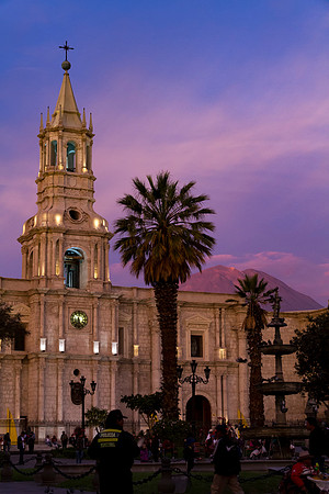sunset over Basilica Arequipa with Mt. Misti