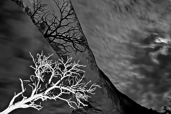 Light painting shadows on Owachomo Bridge under moonlight, Natural Bridges Natl. Monument